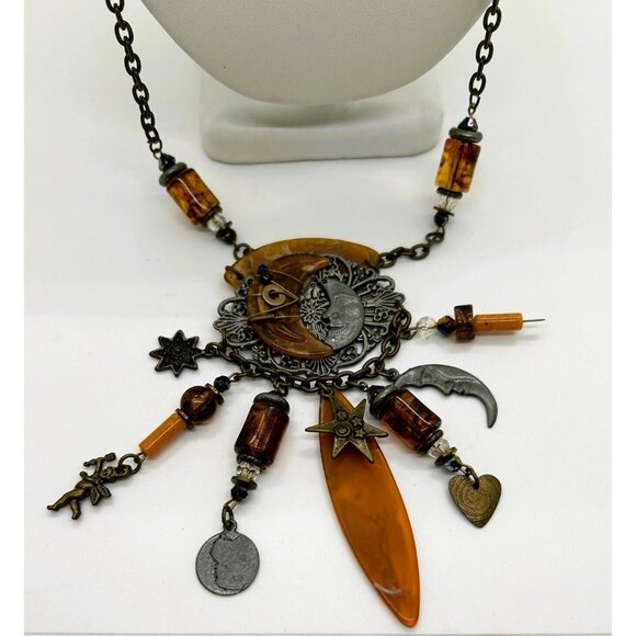 Moon & Stars Necklace Acrylic Steampunk Celestial Charm Gunmetal Chain BoHo Chic - Picture 6 of 16